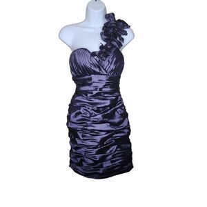 Vintage Y2K Prom Mini Ruched Dress One Shoulder Womens Size 2 Purple Ruffle